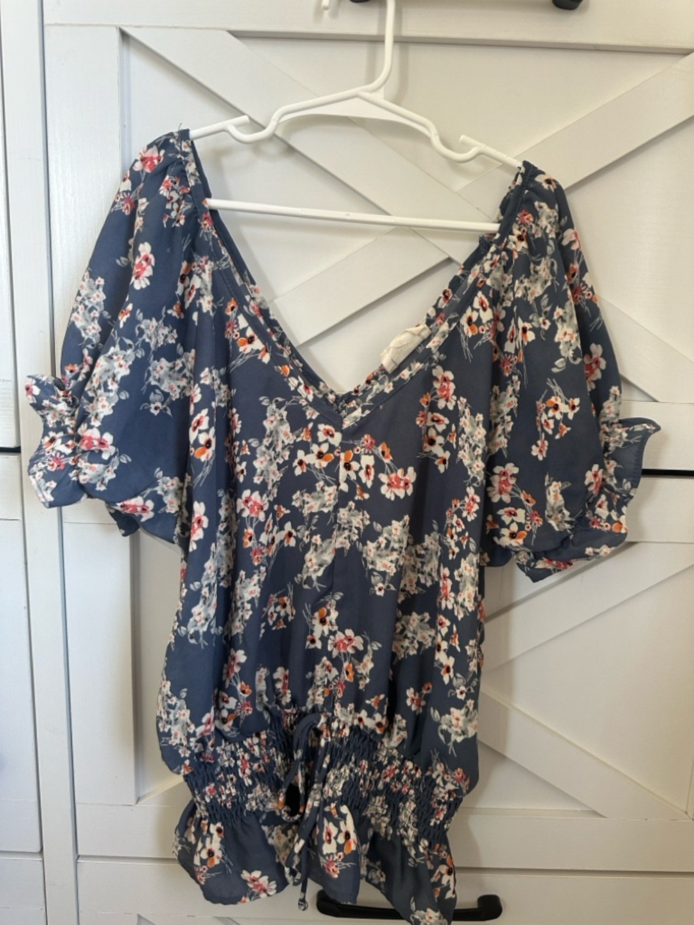 Sienna Sky Slate Blue Floral Cold-Shoulder Peplum Tunic